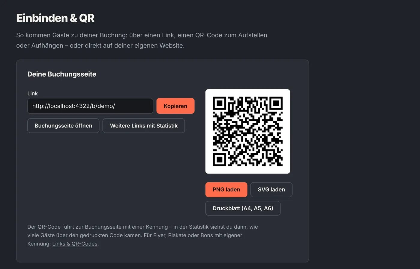 Buchungslink mit QR-Code zum Aufstellen