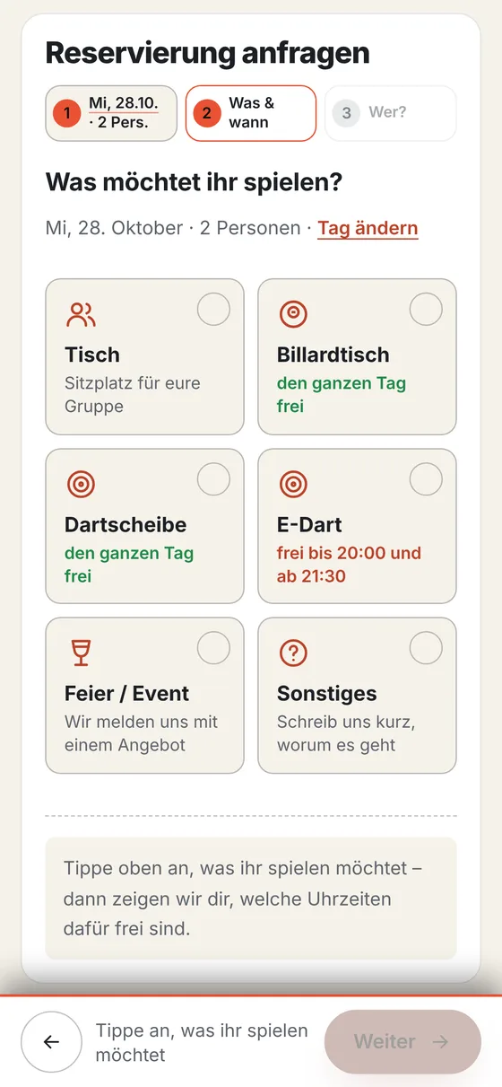 Buchungsseite am Handy: Was möchtet ihr spielen